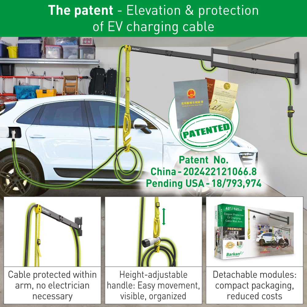 Barkan 63" Protective EV Charging Cable Wall Arm, 5 Year Warranty, Indoor & Outdoor Weatherproof zinc Coating, for Electric Vehicle Cable, Retractor Arm