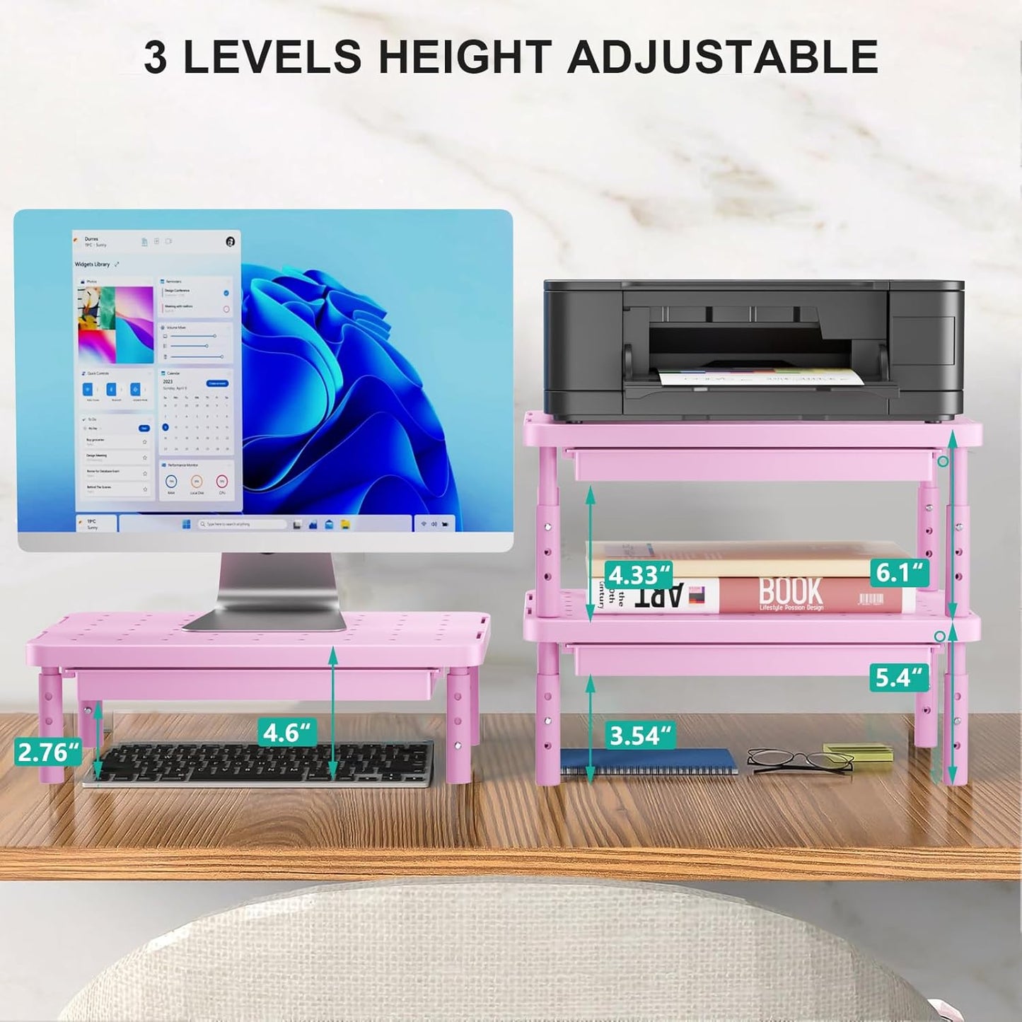 3 (PTT002-P), 1 Pack, WALI Computer Monitor Stand with Storage, Desk Monitor Riser Height Adjustable, Laptop Riser