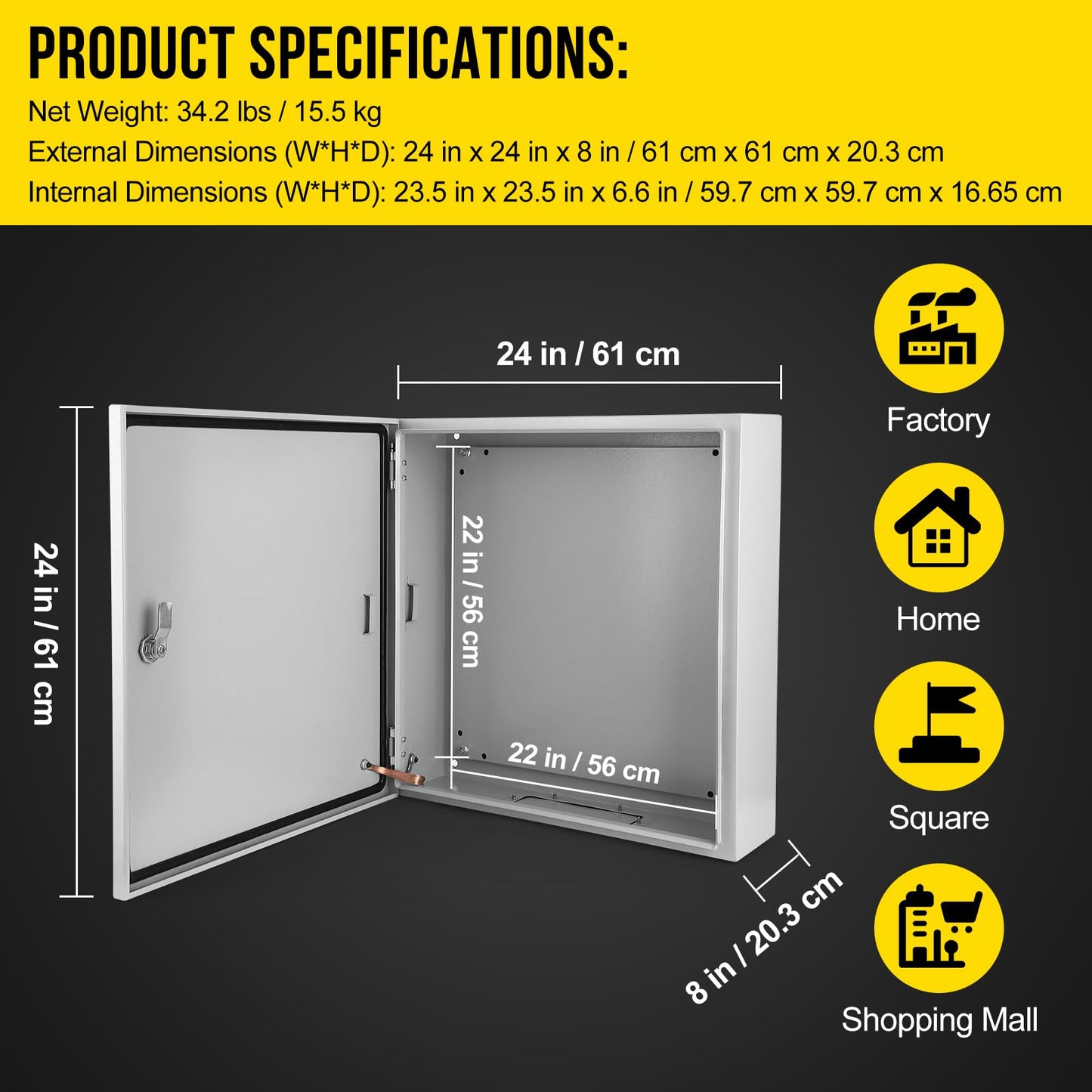 24x24x8 Electrical Enclosure, NEMA 4 Outdoor Enclosure, IP66 Waterproof & Dustproof Cold-Rolled Carbon Steel Hinged Junction Box for Outdoor Indoor Use