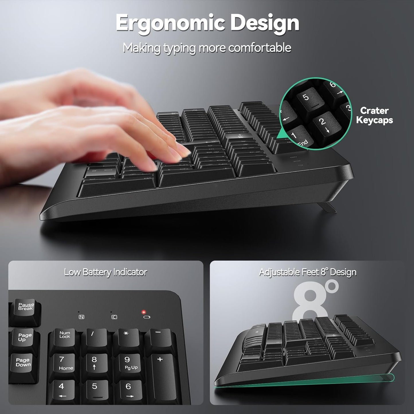 TECKNET Life,Spill-Resistant,2.4G Wireless Keyboard and Mouse Combo, Full-Size Ergonomic Keyboard & Optical Mouse