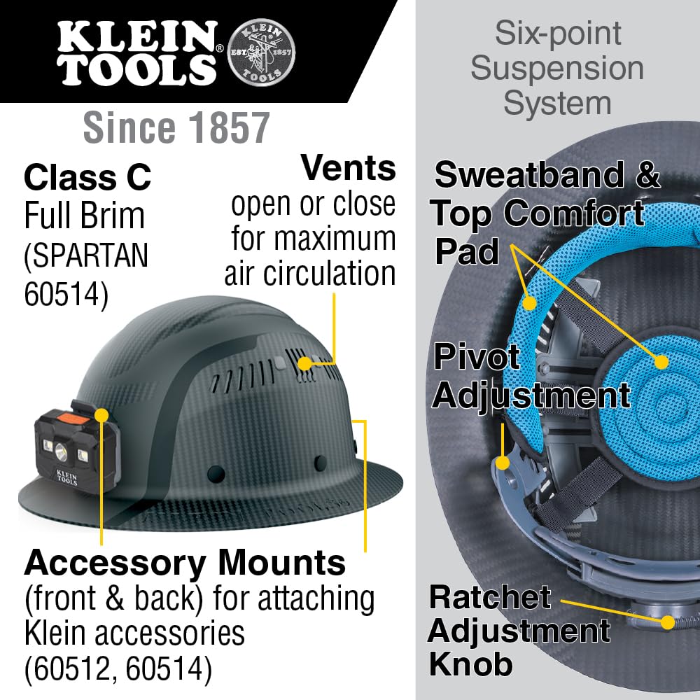Klein Tools 60514 Hard Hat, K12 Series Carbon Fiber Full Brim, Rechargeable Headlamp, Vented, Class C, Type 1, Spartan