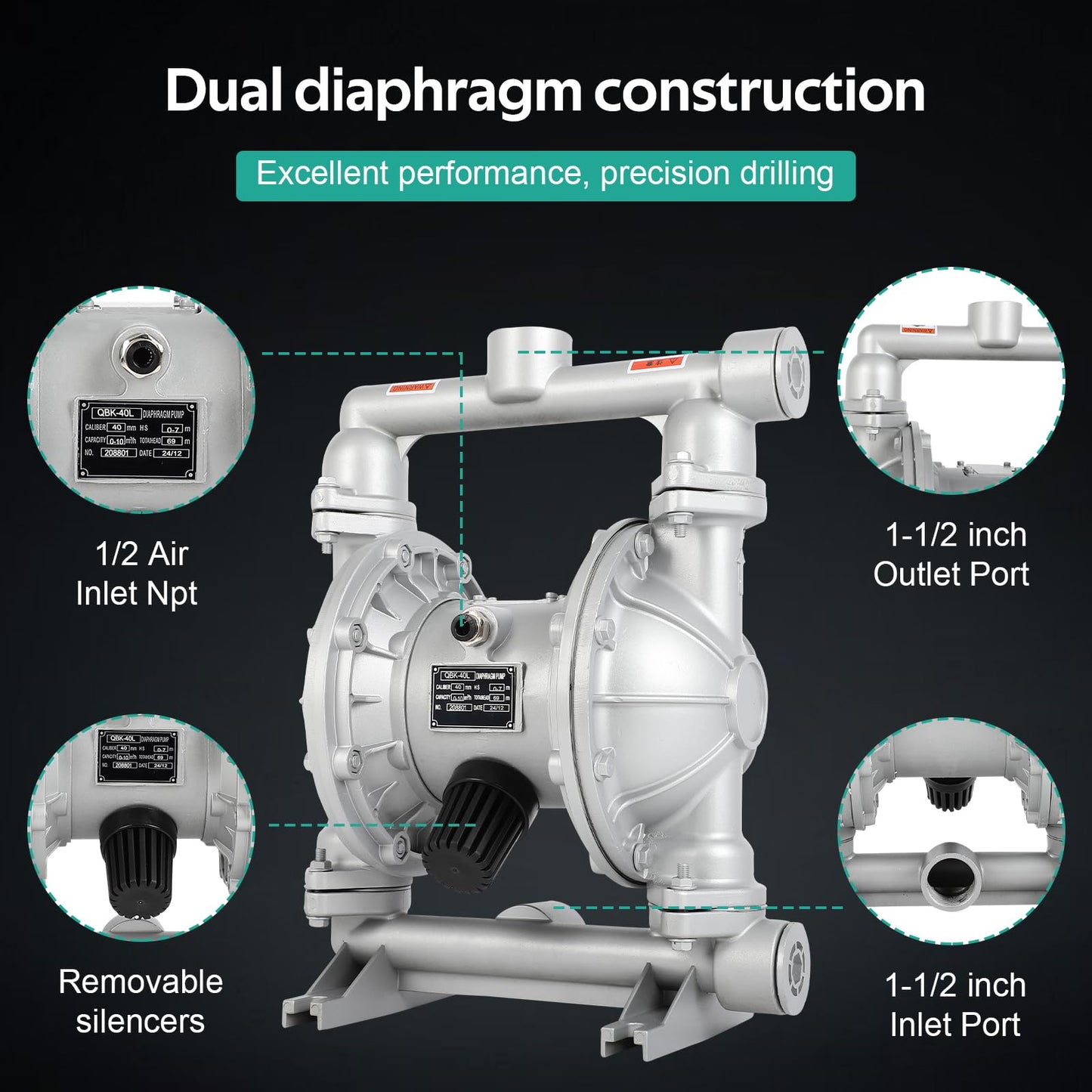 Dollate Air Operated Double Diaphragm Pump 1-1/2 Inch Outlet 44 GPM Pneumatic Transfer Max 115 PSI, QBK_40L, Industrial Chemical Waste Oil, Corrosive Liquid Transportation, With Two Extra Diaphragms