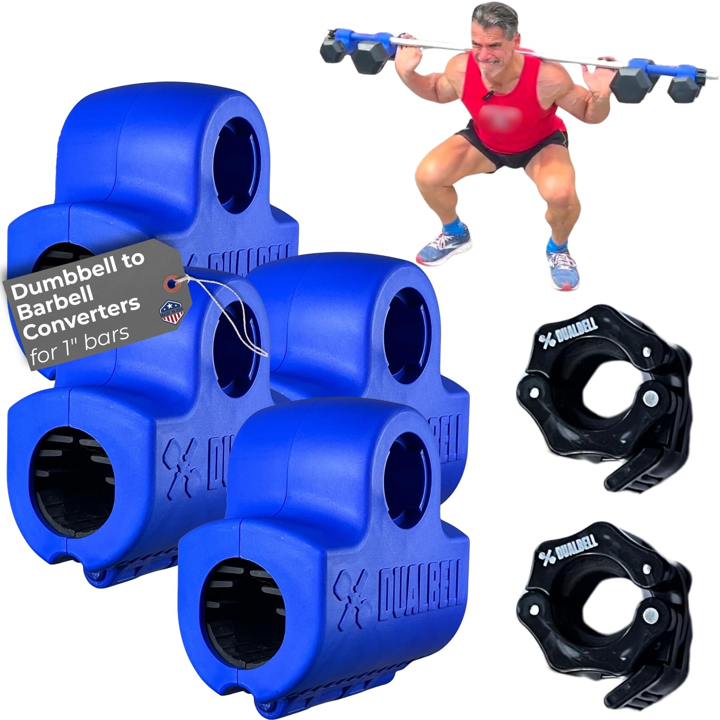 Blue DUALBELL Superset for 1” bar and black weight collars- Home gym dumbbell to barbell adapters - Connect Dumbbells to 1” standard diameter bar to replace weight plates- holds up to 100lb dumbbell