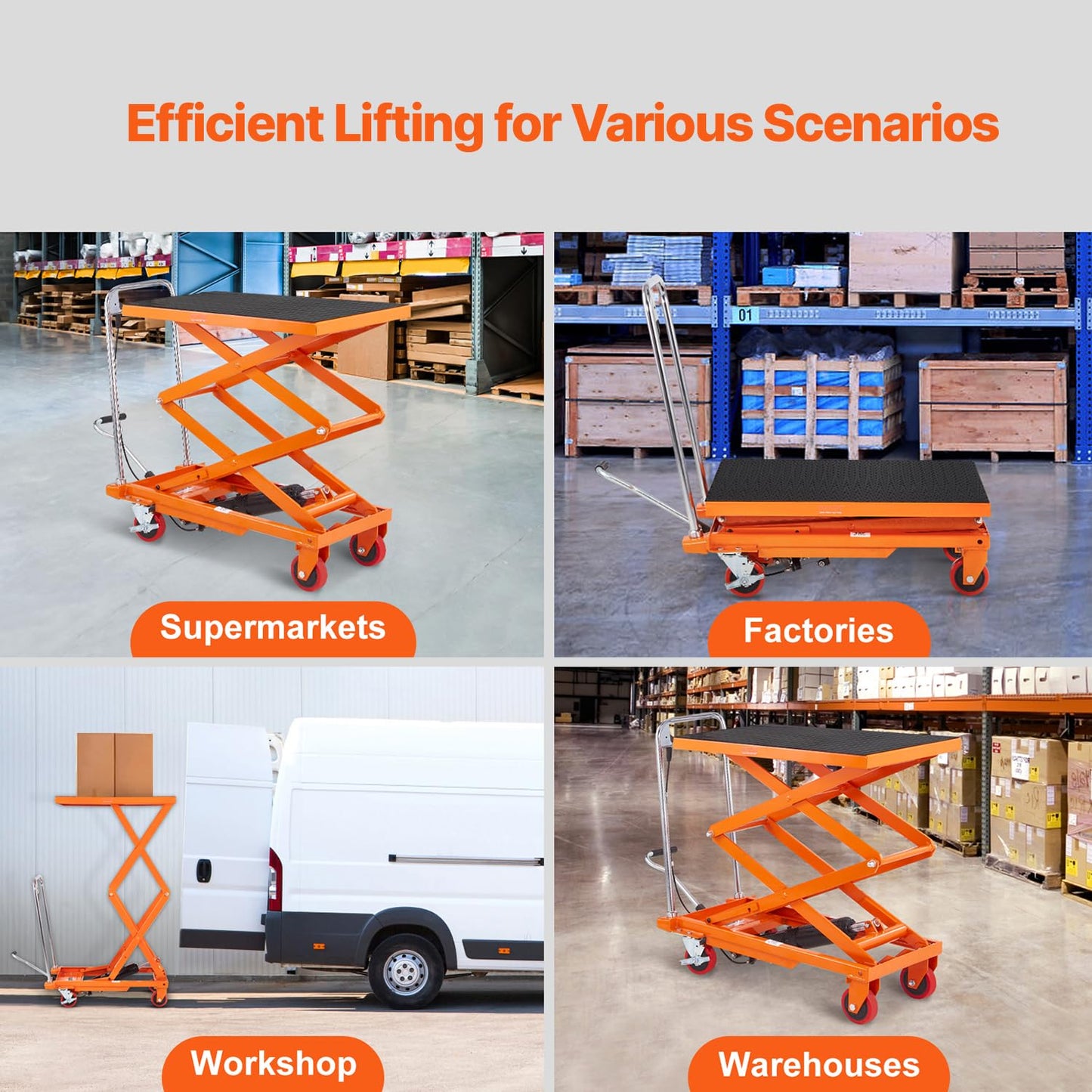 VEVOR Hydraulic Lift Table Cart, 330 lbs Load Capacity, 50-Inch Lifting Height, Manual Single Scissor Lift Table with Non-Slip Pad and 4 Wheels, Orange, Alloy Steel