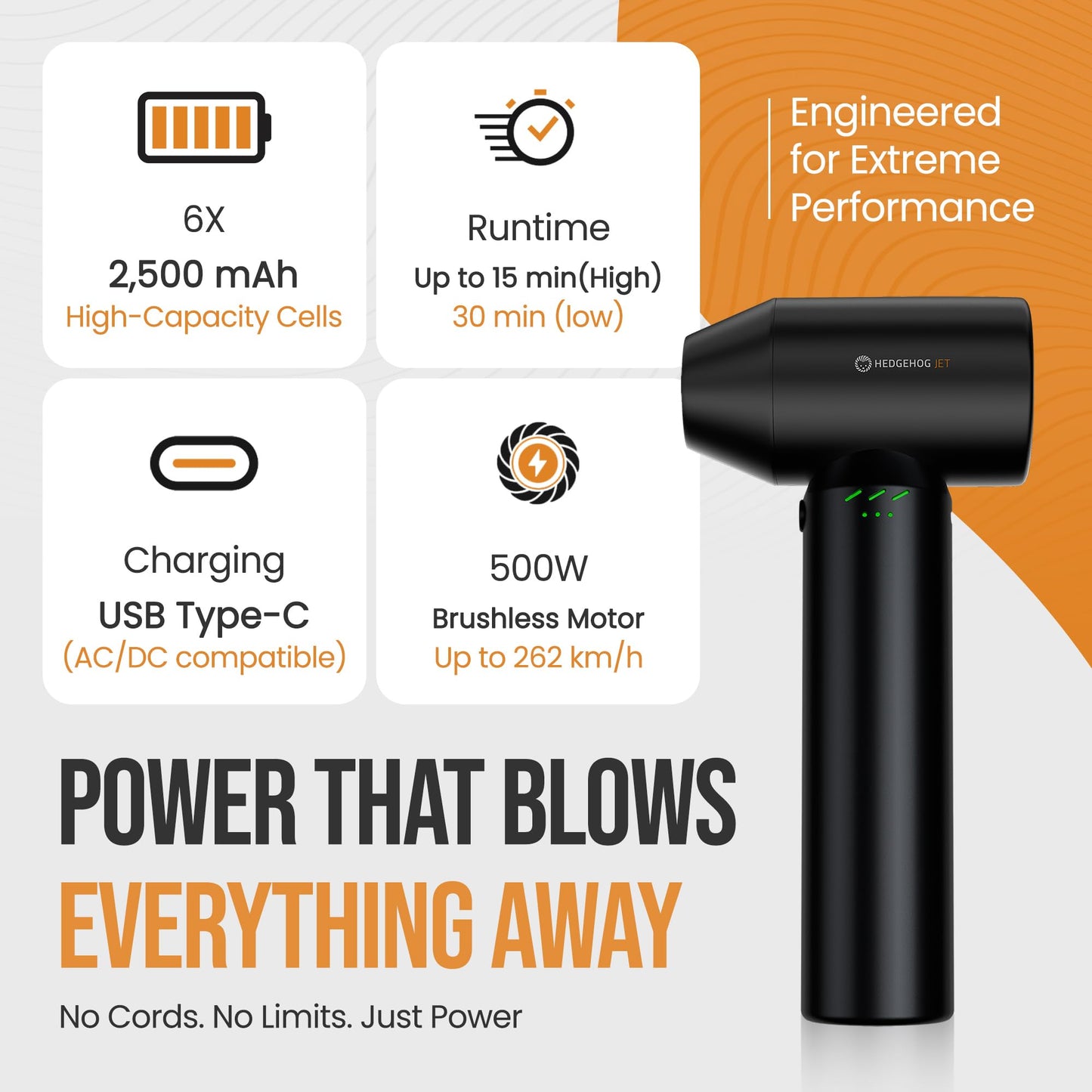 Hedgehog Car Dryer and Air Blower - 500W Handheld Cordless Turbo Dryer Blower for car- 162 MPH Wind Dring Power, 4-Speed Controls, 80,000 RPM, USB-C Fast Charging, Portable Leaf Blower & Snow Remover