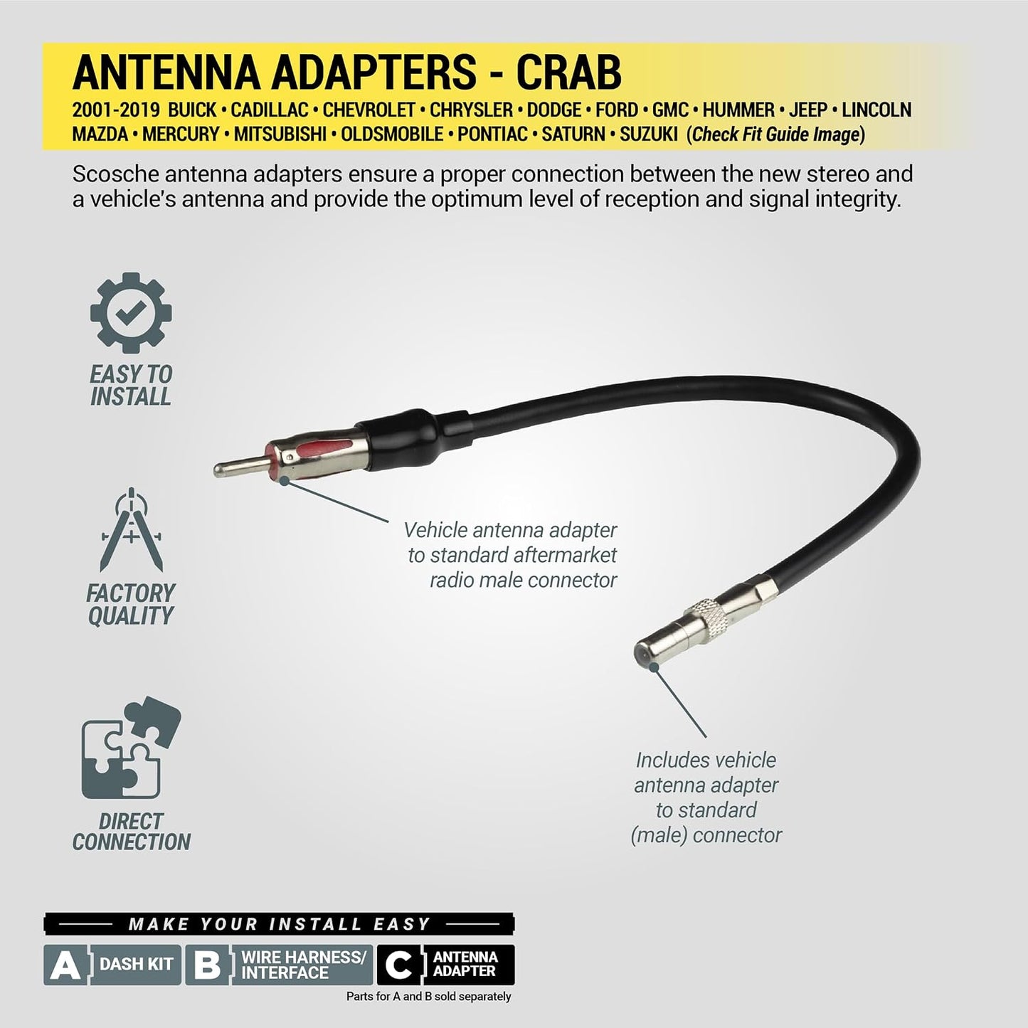Scosche 2001-19 CRAB Antenna Adapter for Aftermarket Car Stereo Compatible with Select Import and Domestic Vehicles