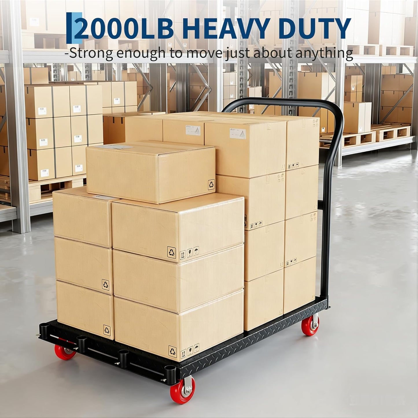 2000LBS Heavy Duty Folding Platform Cart - Dual Side Handrails - 37x24 Inch All-Weather Rolling Computer Tower Dolly - 5" 360° Swivel Wheels - Easy Storage - Black | 2 Brake Wheels + 2 Global Wheels