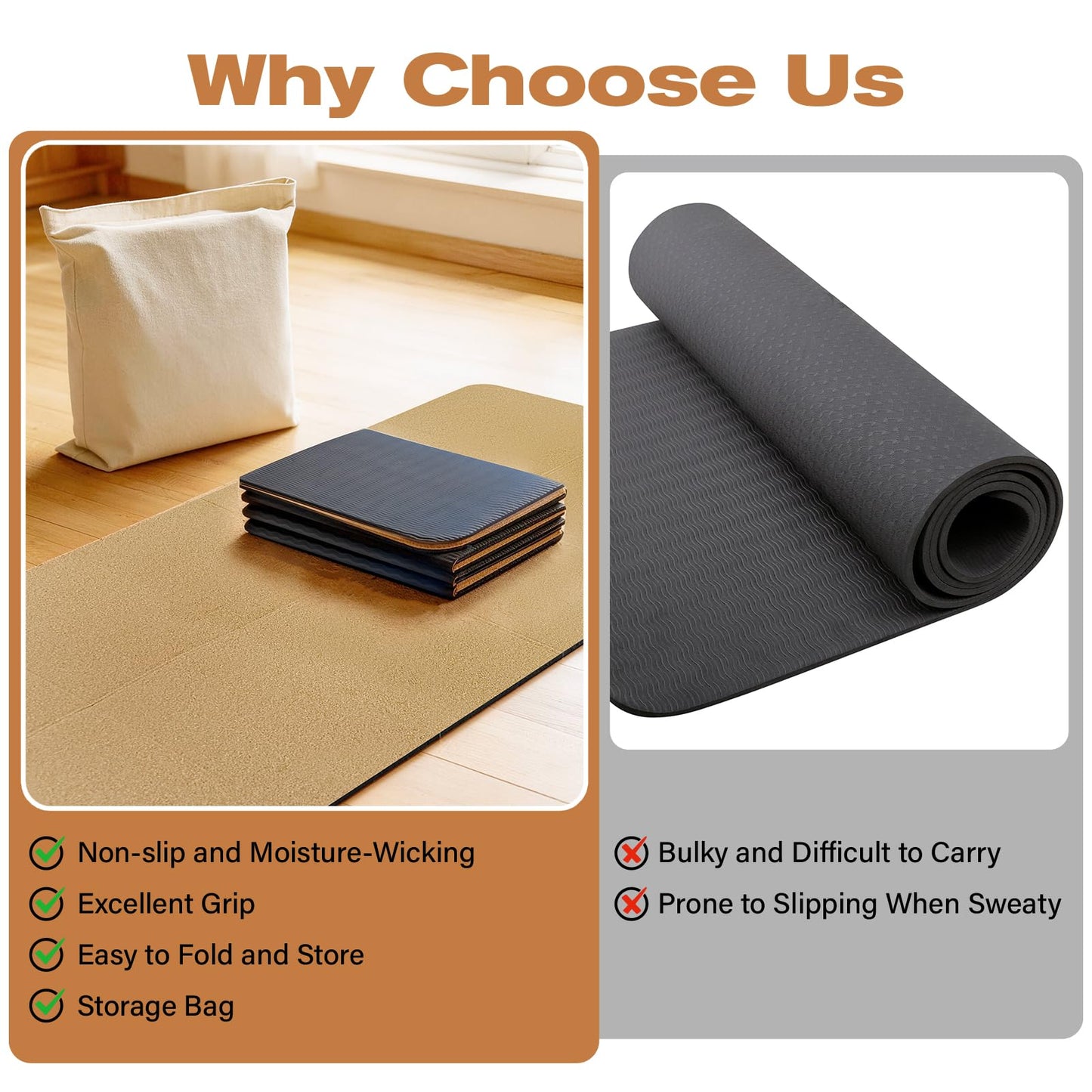 LILXIU Foldable Cork Yoga Mat 72 * 24 in 4 mm Thick Sweat Resistant with Rubber Base Hot Yoga Mat with Storage Bag Lightweight Grip Mats for Travel and Pilates Fitness Home Workouts