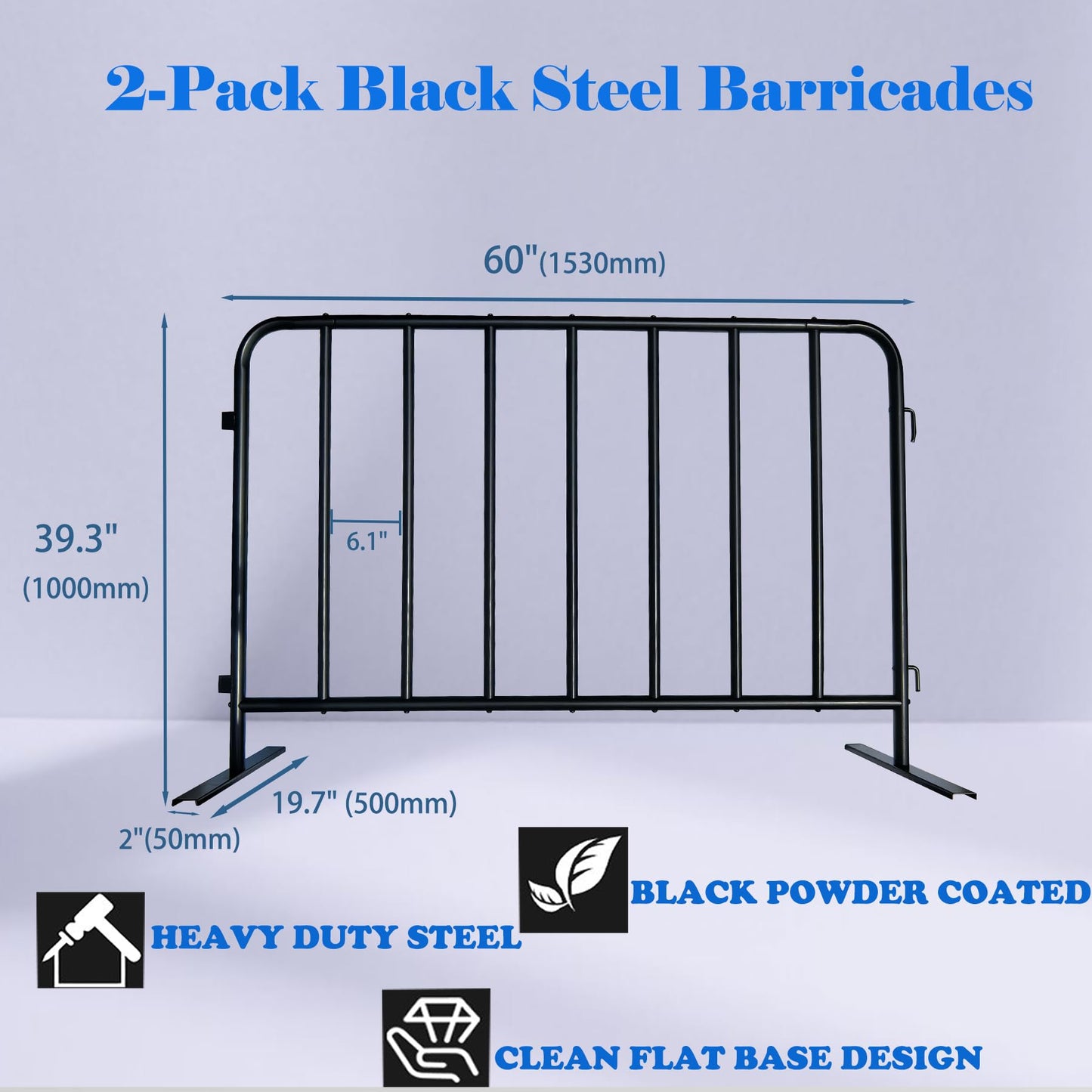 BIGalleons 2-Pack Steel Crowd Control Barrier, Light Duty 5FT Interlocking Safety Barricade, 16GA Galvanized Steel Queue Barrier, Assembly Needed for Pedestrian Traffic & Construction Barricade（Black）