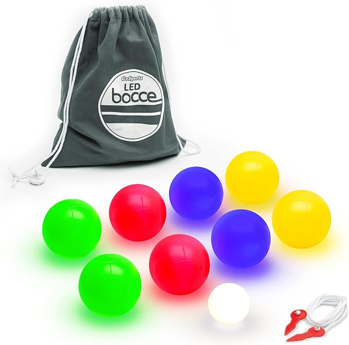 GoSports LED Bocce Ball Game Set - Includes 8 Light Up Bocce Balls, Pallino, Case and Measuring Rope - Choose 85 mm or 100 mm