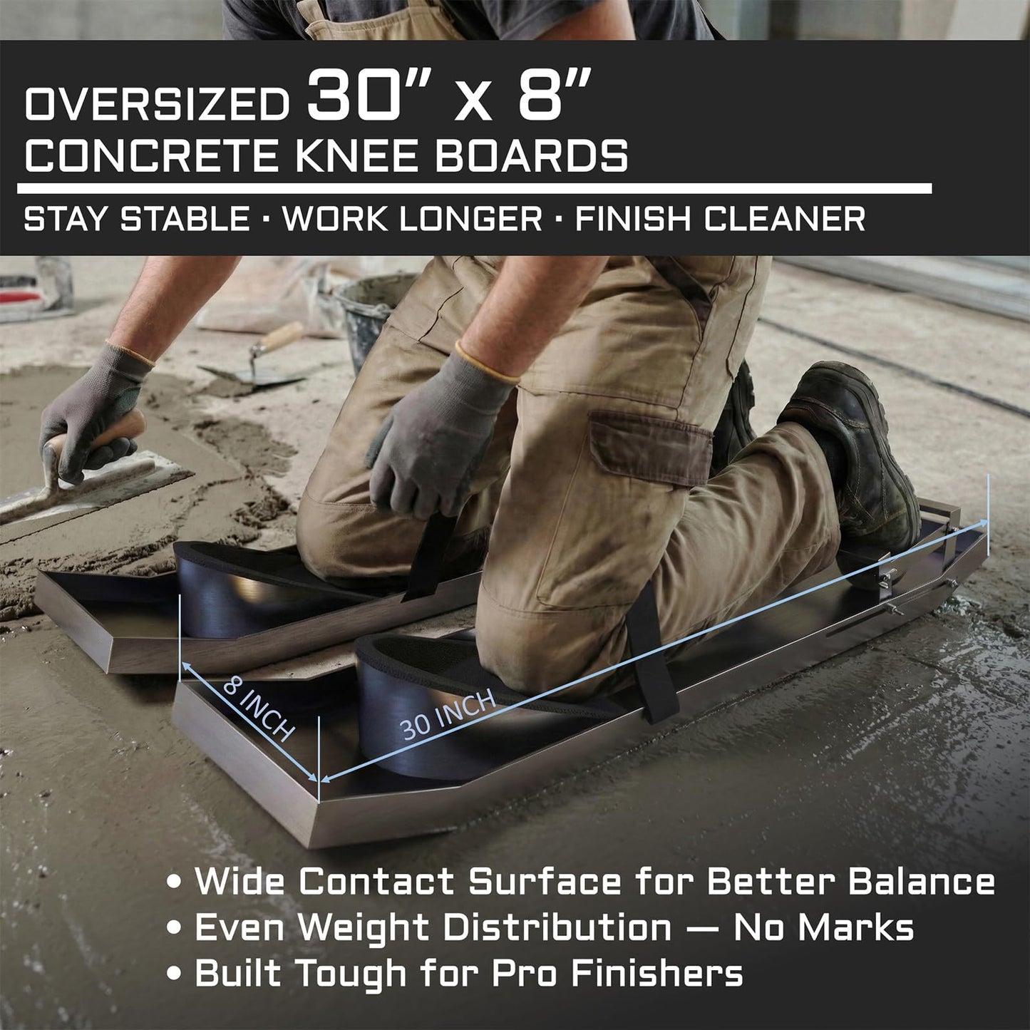 Concrete Knee Boards 30x8 Inch – Heavy Duty Stainless Steel Sliding Support for Concrete Finishing, Adjustable Toe Brackets & Comfort Straps, Professional Concrete Tools for Contractors, Masons & DIY Projects
