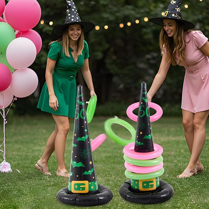 Leitee 10 Pcs Halloween Inflatable Witch Hat Ring Toss Game Set Carnival Pink and Green Inflatable Ring Toss Games Toys for Witch Themed Birthday Party Decoration Indoors Outdoors