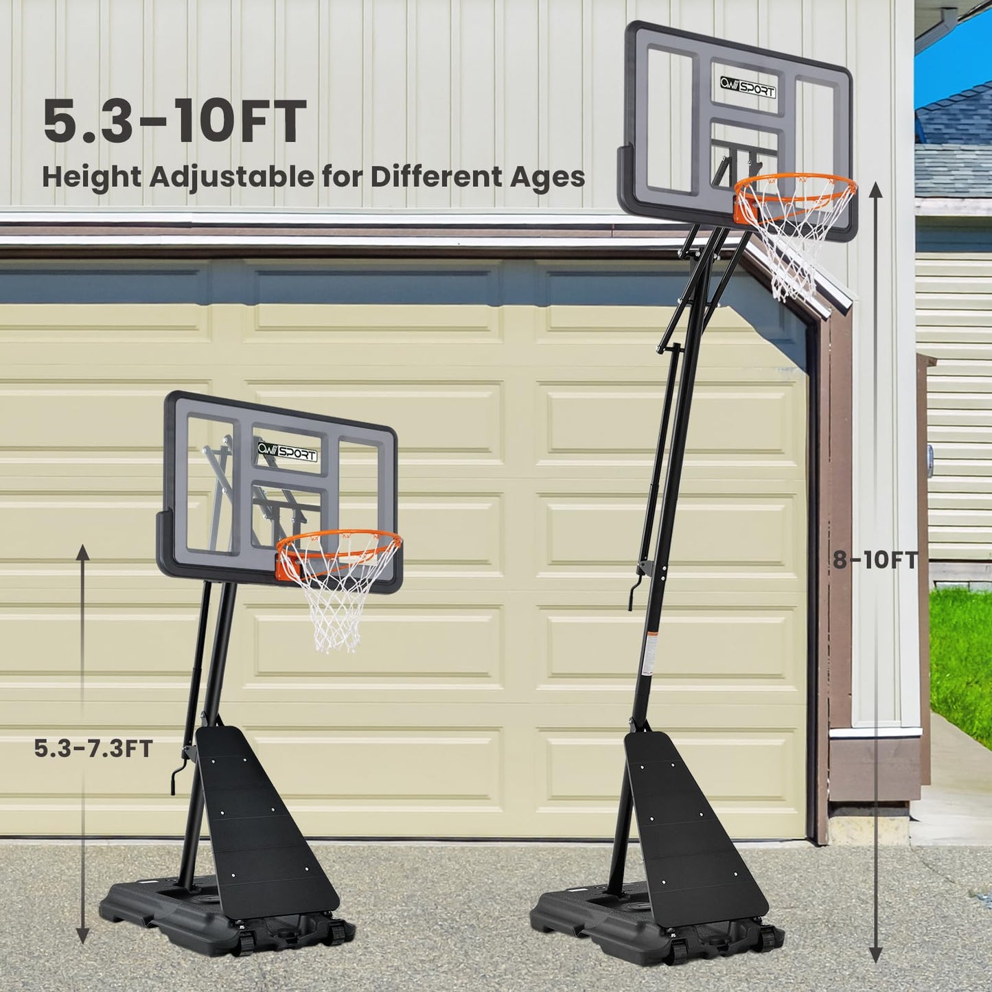 AWII SPORT Basketball Hoop Outdoor 48Inch Impact Backboard, 5.3-10FT Height Adjustable Basketball Hoop Goal System with Portable Wheels for Adults (Black, 48inch Backboard)