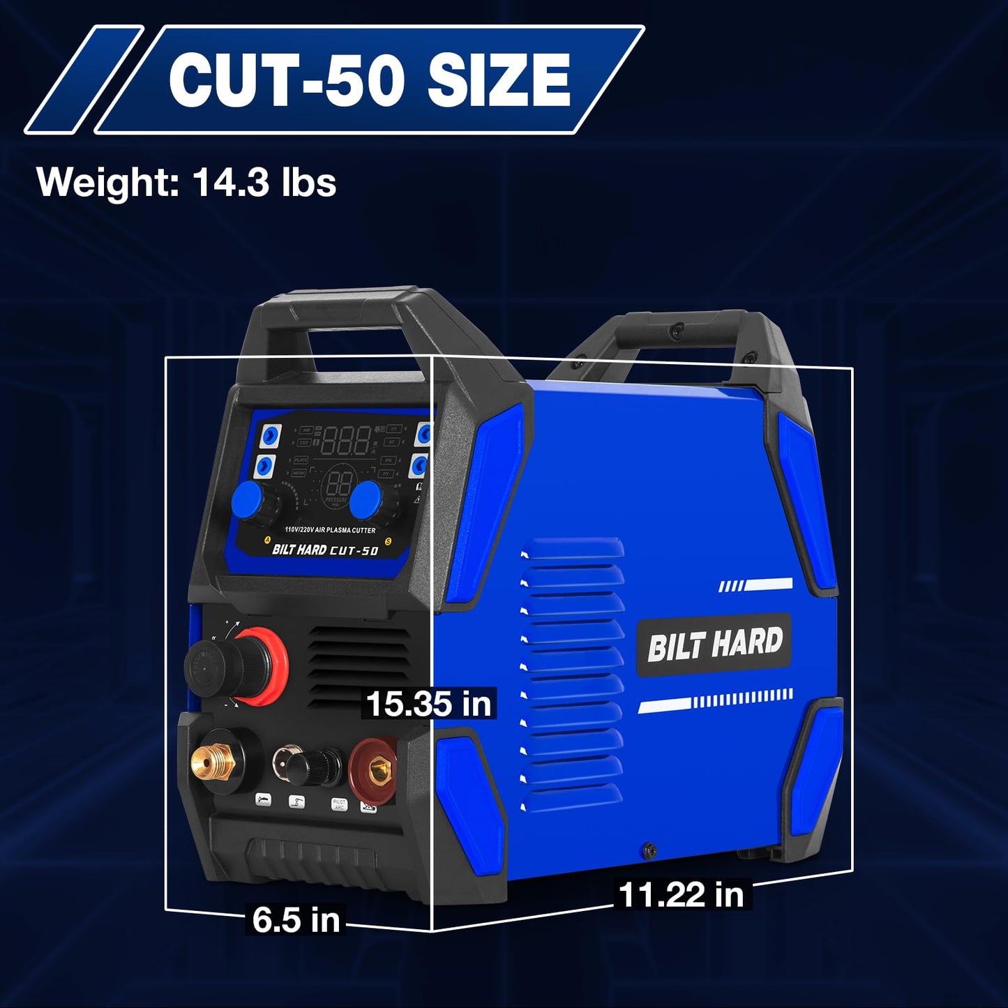 BILT HARD Plasma Cutter, 50A Plasma Cutting Equipment, Non Touch Pilot Arc, 110V/220V Dual Voltage, Digital Display Screen, DC Inverter IGBT Plasma Cutter Machine for Beginners