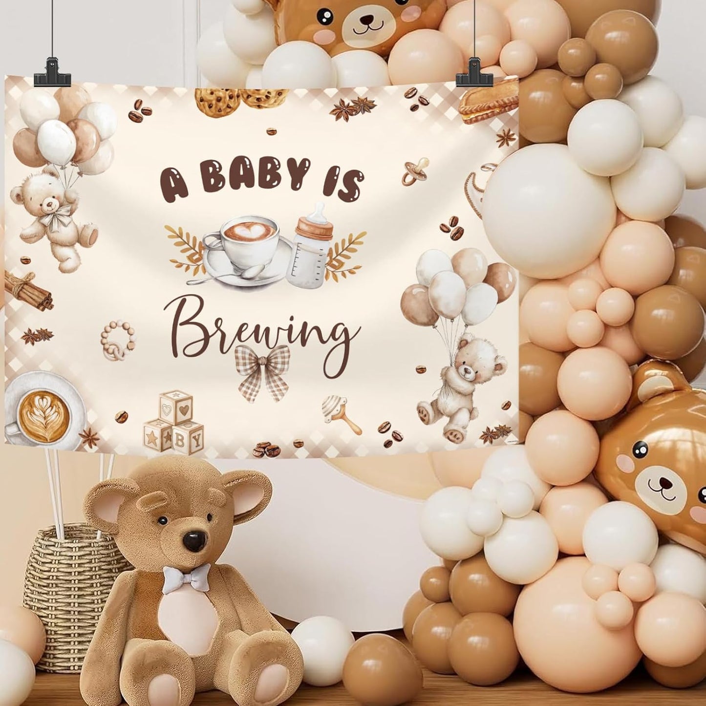 Generic 10x7ft A Baby is Brewing Baby Shower Backdrop Brown Coffee Baking Theme Cute Bear Background Feeding Bottle