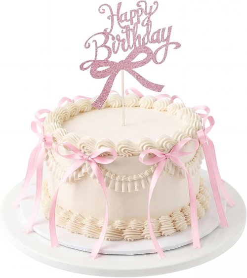 Coquette Bow Cake Toppers - 18 PCS Pink Ribbon Bows with 1 Happy Birthday Topper | Perfect for Weddings, Showers & Birthdays