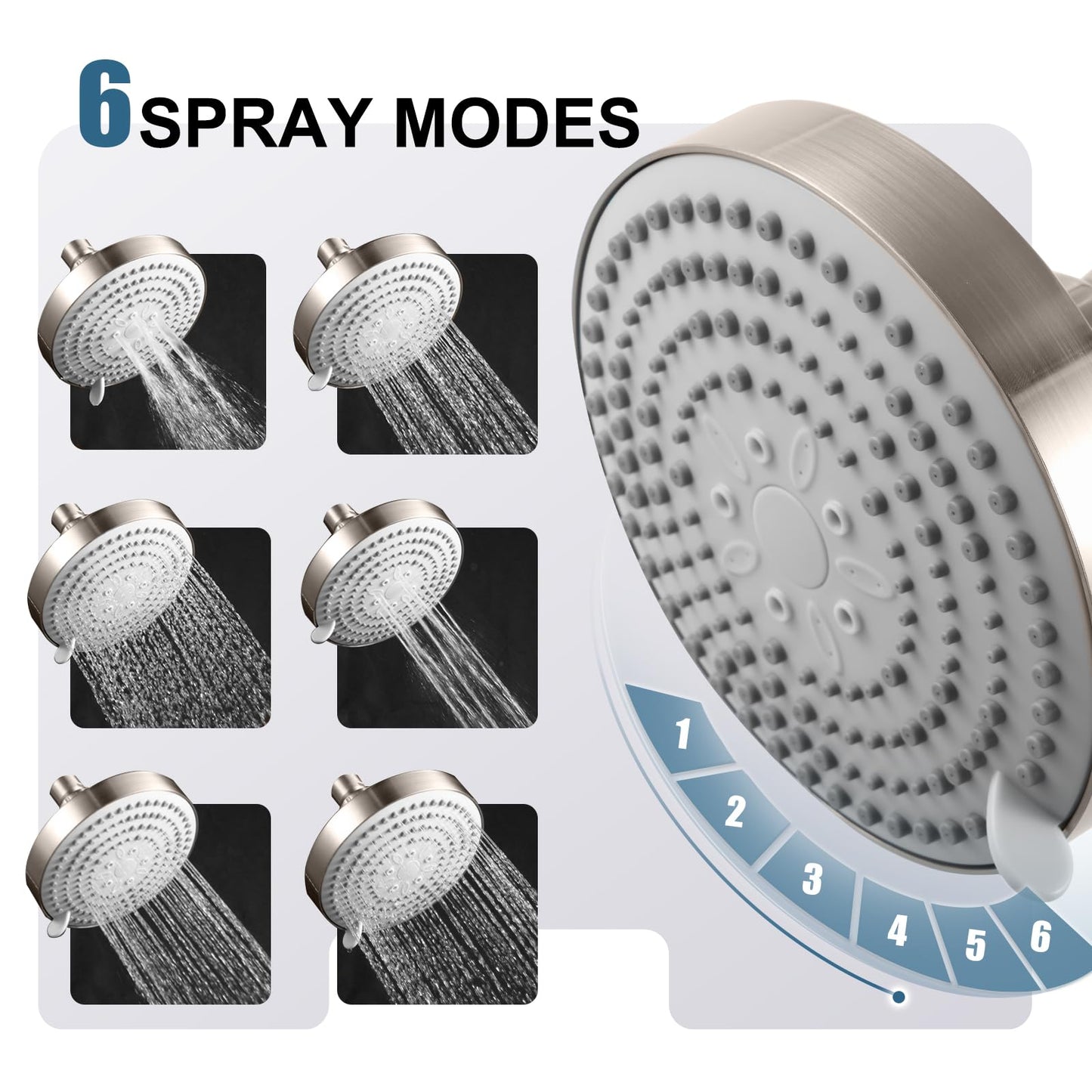 OFFO Shower Head, High Pressure Shower Head with 6 Mode, Fixed Showerheads for Strong Water Flow & Relaxing Shower Experience, Chrome