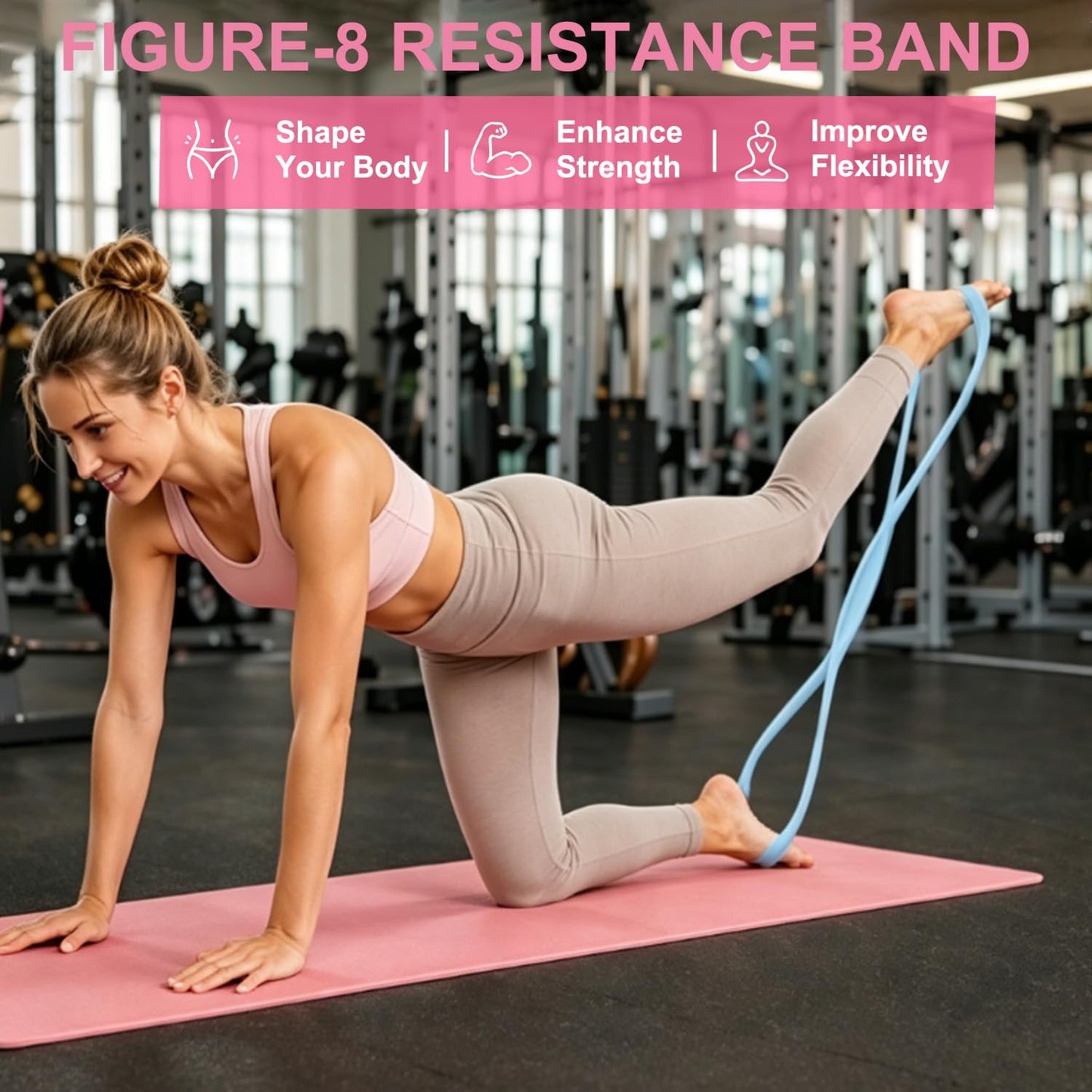 2PCS Figure 8 Resistance Band, Figure 8 Resistance Bands for Women & Men, Non-Slip Handles Rubber Band for Arms, Back, Shoulder Stretch with Handles (Pink+Blue)
