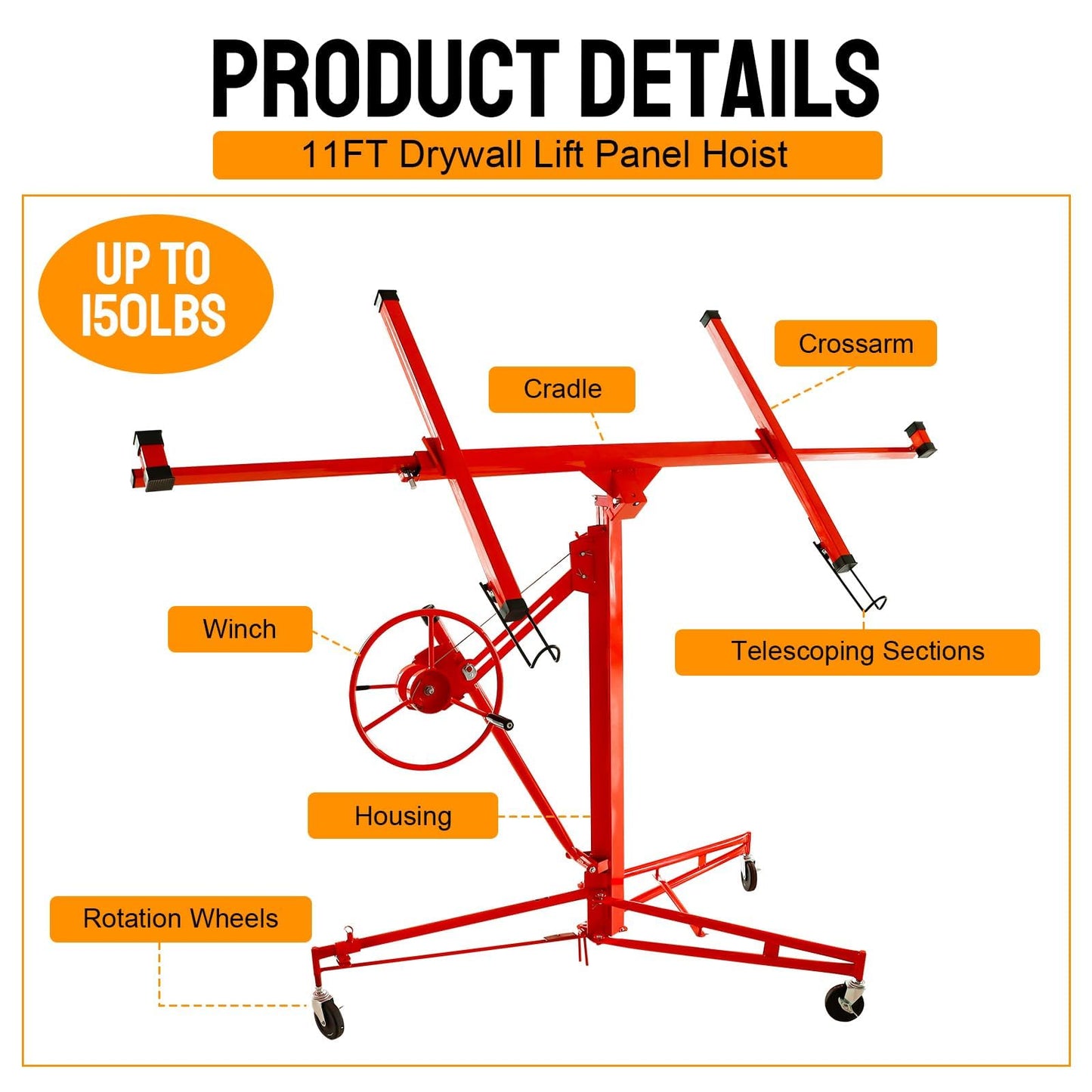 150LBS Heavy Duty Rolling Lifter Panel Perfect for Both Home & Commercial, 11FT Sheetrock Hoist Holder with Caster Construction Lockable Tool（Red）