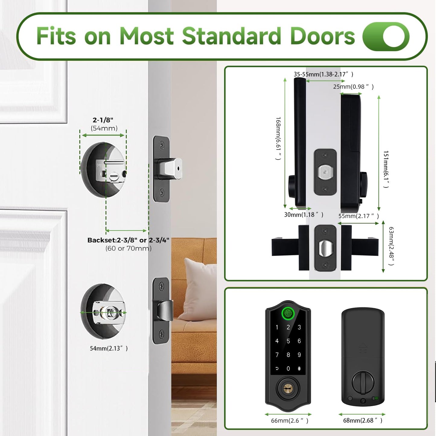 Harfo Fingerprint Smart Door Locks with Handles, App Control, Keyless Entry Front Door Lock Set, Bluetooth Digital Electronic Touchscreen Keypad Deadbolt, Easy Installation, Black