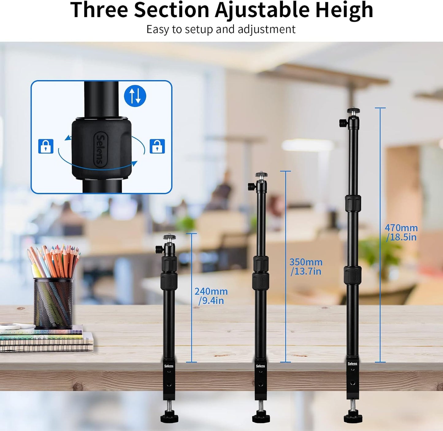 Selens 9.4"-18.5" 1/4" Tabletop Camera Desk Mount Stand, with Ball Head, Adjustable Desktop Stand Mount for DSLR