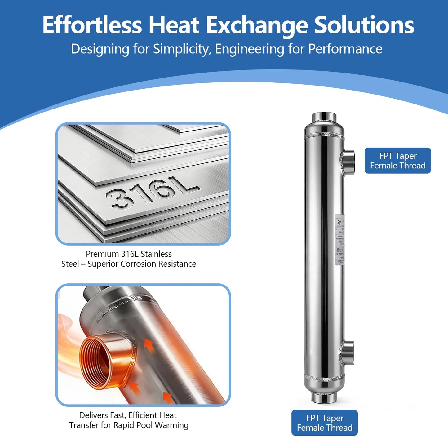 AB Swimming Pool Heat Exchanger 55kBtu Stainless Steel 316L Same Side Ports 1 1/2" & 1" FPT