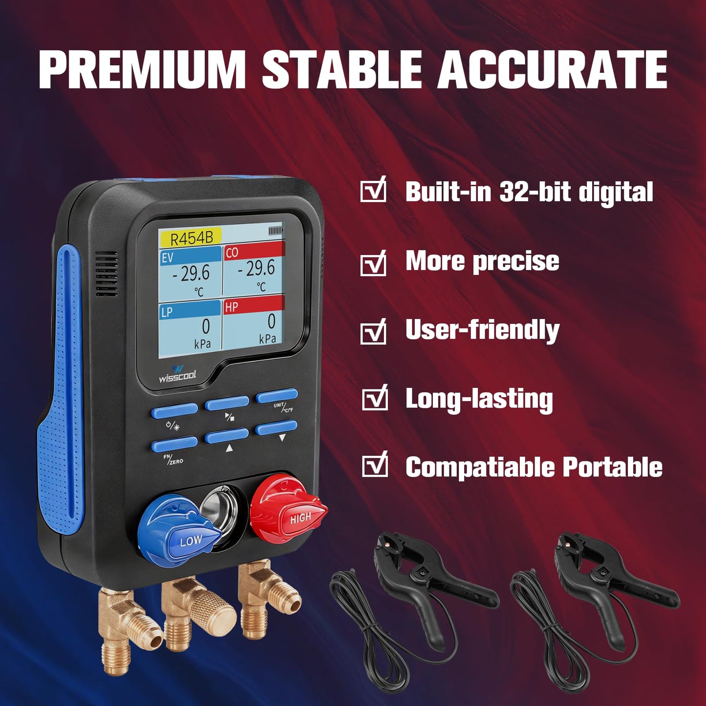 WISSCOOL Digital Manifold Gauges HVAC, R454B R134A R410A R32 AC Gauge Set with LED 2 Thermometer Clamp Probes,Pressure Temp Leak Test