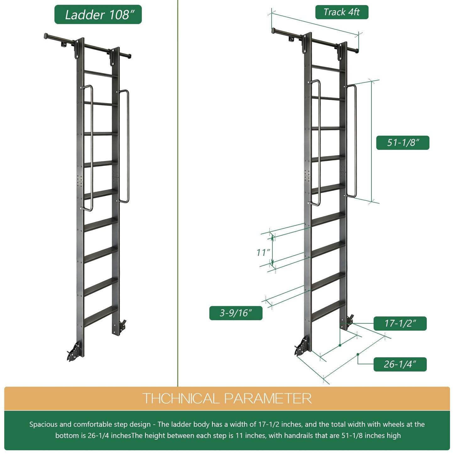 104RDHOUSE 9FT Lightweight Aluminum Rolling Step Ladder 108",Rolling Library Ladder with Wheels,Industrial Sliding Ladder for Home Library,Bookshelf, 4FT Hook Ladder Bookcase Track Kit for Home