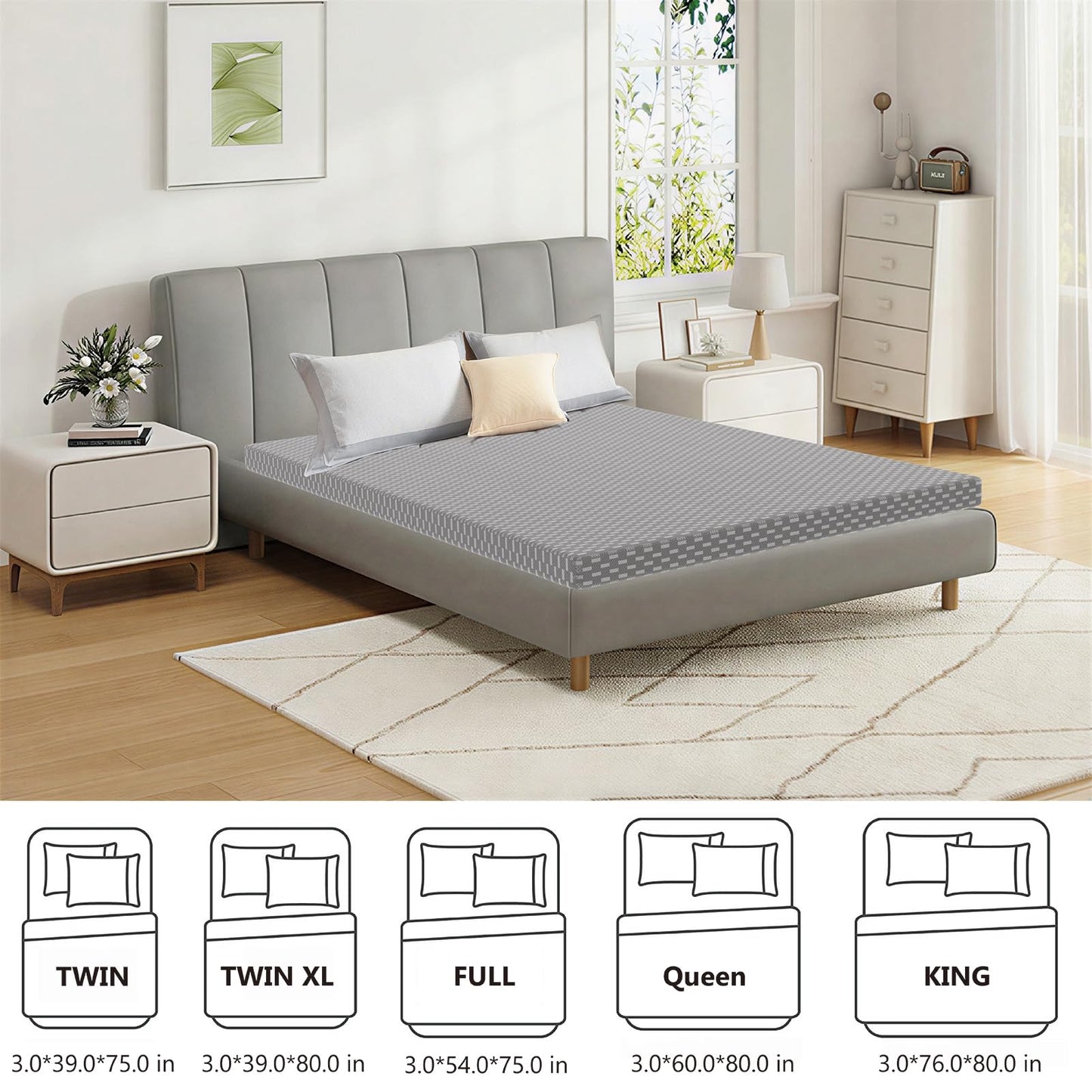 OLMCWOOL 3 Inch Queen Mattress, Medium Firm, Memory Foam Mattress,Bed in a Box, CertiPUR-US Certified,Pressure Relief, Ventilated Foam, Washable Removable Cover (Grey, Queen 3in)