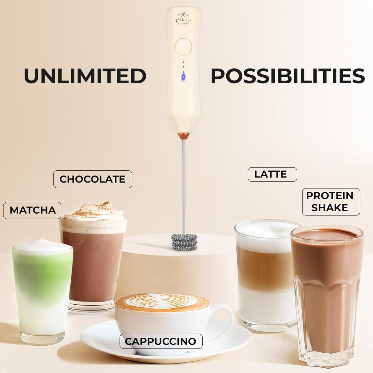 Zulay Kitchen Rechargeable Milk Frother - 3 Speeds & 3 Whisk Attachments - USB Charging for Lattes & Cappuccinos - Cream Copper