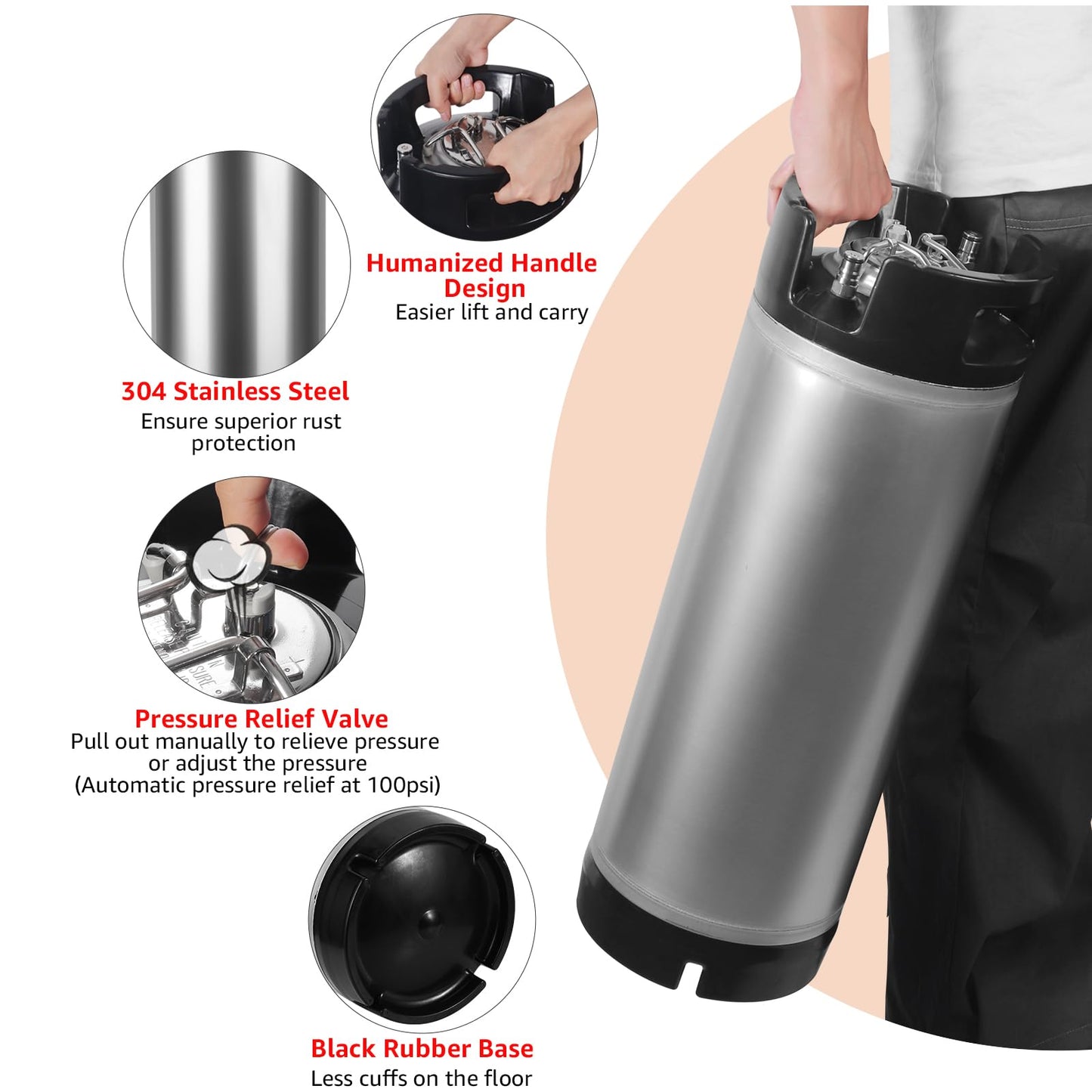 Ferroday Upgraded 5 Gallon Ball Lock Keg, Stainless Steel Corny Keg with Ball Lock Post, Portable Cornelius Beer Keg with Dual Rubber Handle, Gasket Set for Commercial Home Brewing