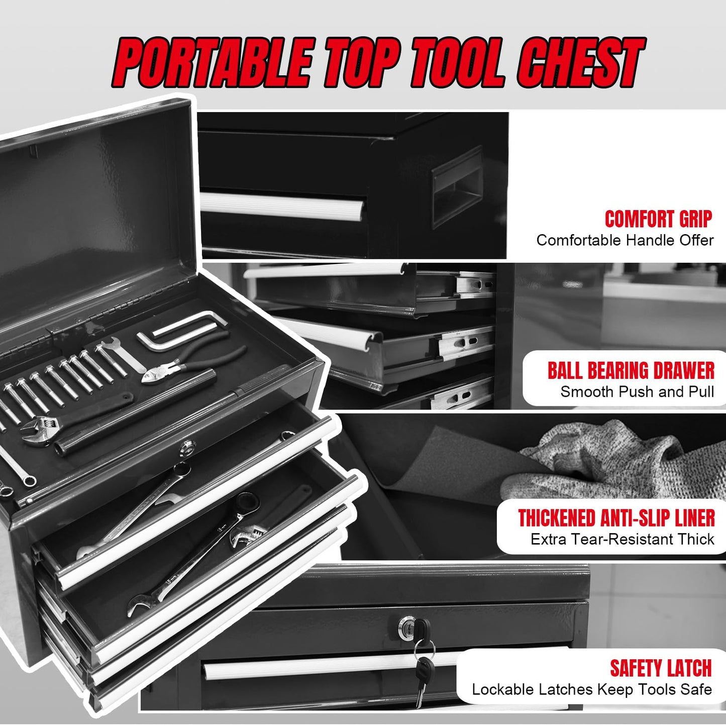 Torin 5-Drawer Rolling Tool Chest: Metal Tool Box with Wheels, Removable Top Tool Box, Liner, Adjustable Shelf and Locking Mechanism for Garage Workshop,Black