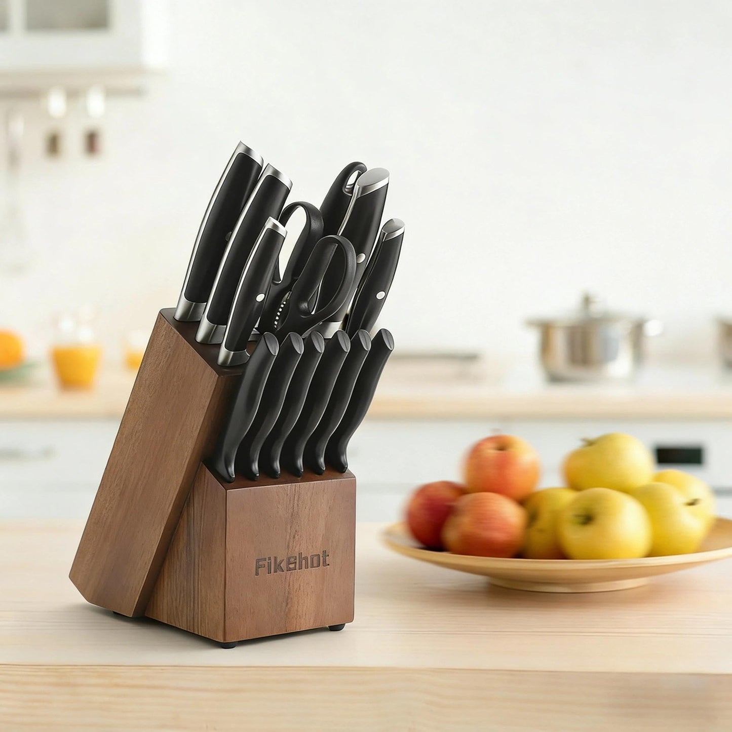 Fikshot Knife Set – German Stainless Steel, Ultra-Sharp, 14-Piece with Knife Block & Sharpener, Full Tang Black Handle, Rust-Resistant, Dishwasher-Safe for Kitchens, Gift for Chefs