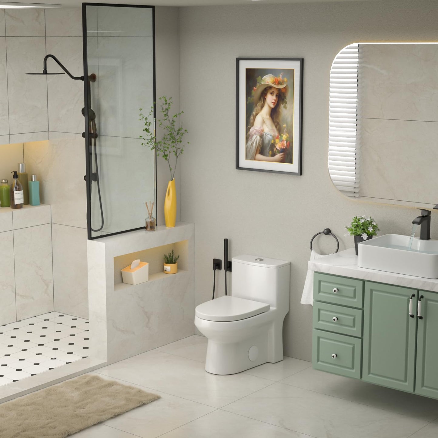 Yurshen 15.7" Elongated One Piece Toilet Compact for Small Bathroom Dual Flush 1.1/1.6 GPF, 12" Rough-in High Efficiency Flush, Standard White Bowl Ceramic- 24.7"D x 13.5"W x 28.2"H