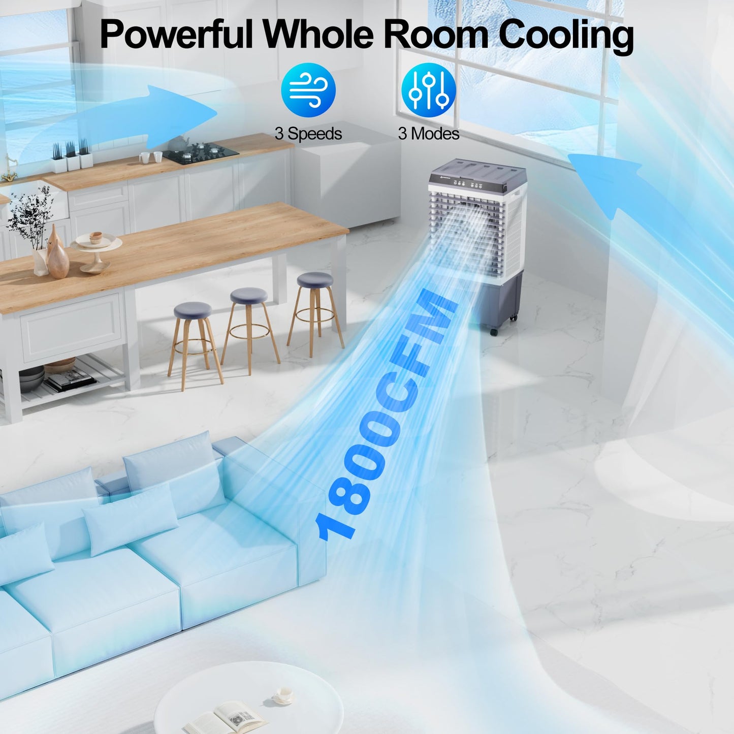 Uthfy 1800 CFM Swamp Cooler Air Conditioner, 3-IN-1 Portable Evaporative Air Cooler with 5.3 Gal Water Tank, 6 Ice Packs, Remote, 12H Timer, 120° Oscillation, Cooling Fan for Room Bedroom Home Office
