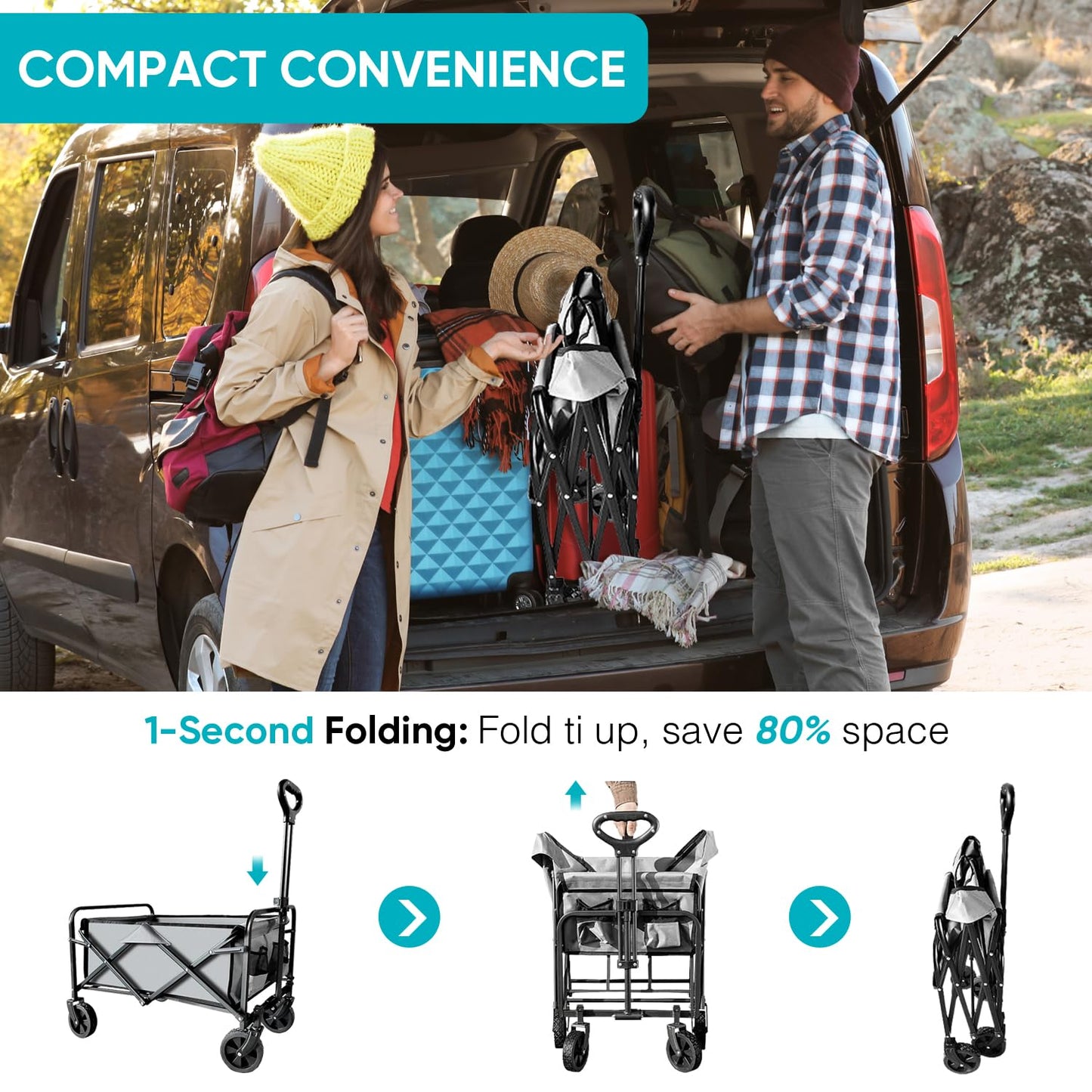 SAILARY Collapsible Wagon with Quiet Wheels - Silent Grocery Shopping Cart for Seniors, Foldable Utility Cart for Laundry & Apartment, Washable Heavy Duty Rolling Wagon with Two Mesh Pockets, Gray