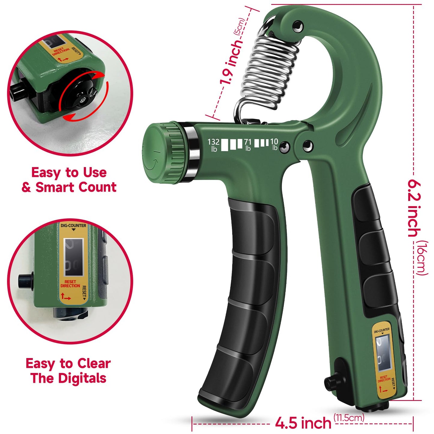 FitBeast Hand Grip Strengthener Workout Kit (5 Pack), 2 Forearm Grip Adjustable Resistance Hand Gripper, Finger Stretcher, Grip Ring & Stress Relief Grip Ball for Athletes, Dark Green