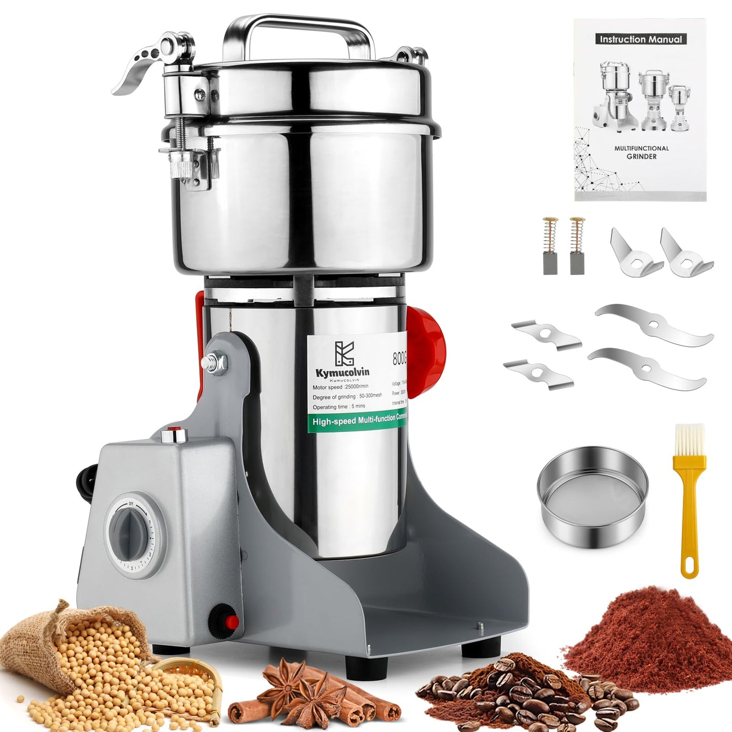 Kymucolvin Electric Grain Mill Grinder-1000g 110V 3500W Performance Grain Mill,Suitable For Kitchen, Household,Commercial Use of Crushing Dry Grains,Spices,Herbs,Coffee,Corn,Pepper Grinder. (1000g)