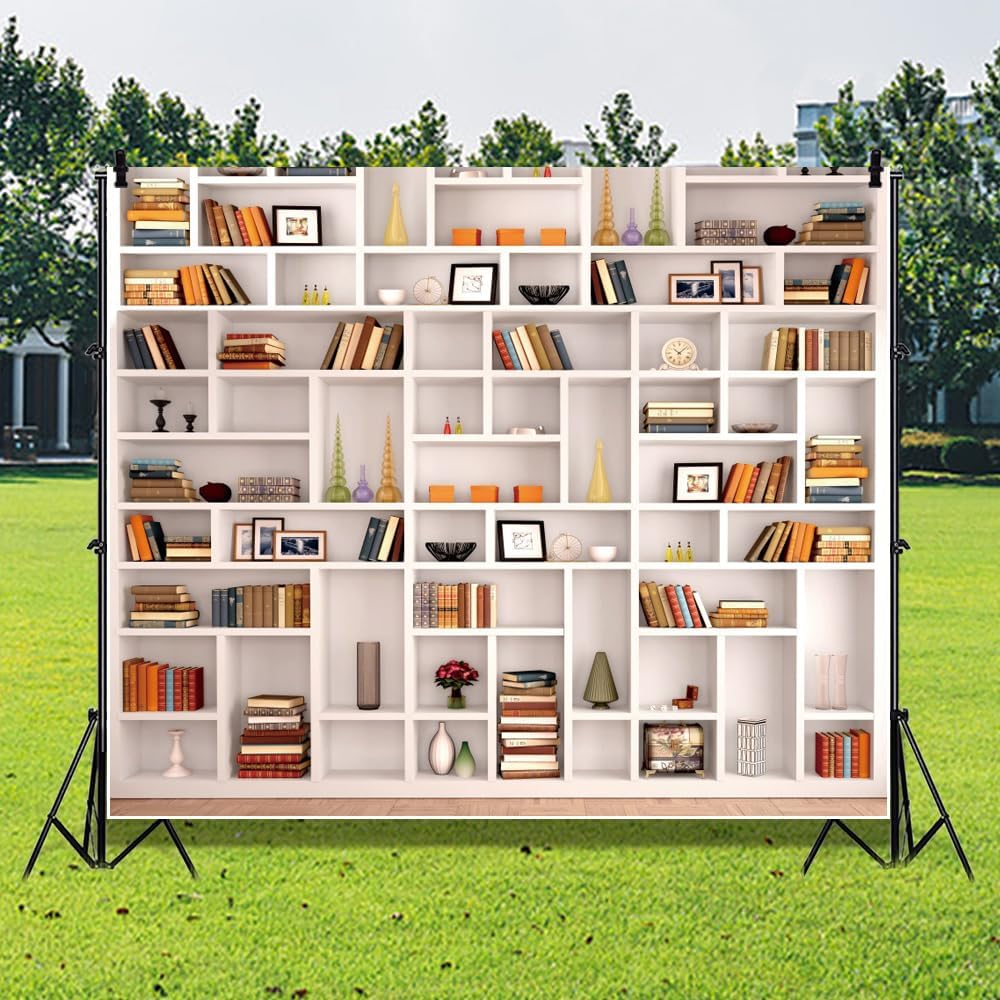 Leowefowa 10x8ft White Bookshelf Photography Backdrop Morden Library Bookcase Background Home Office Room Books Study