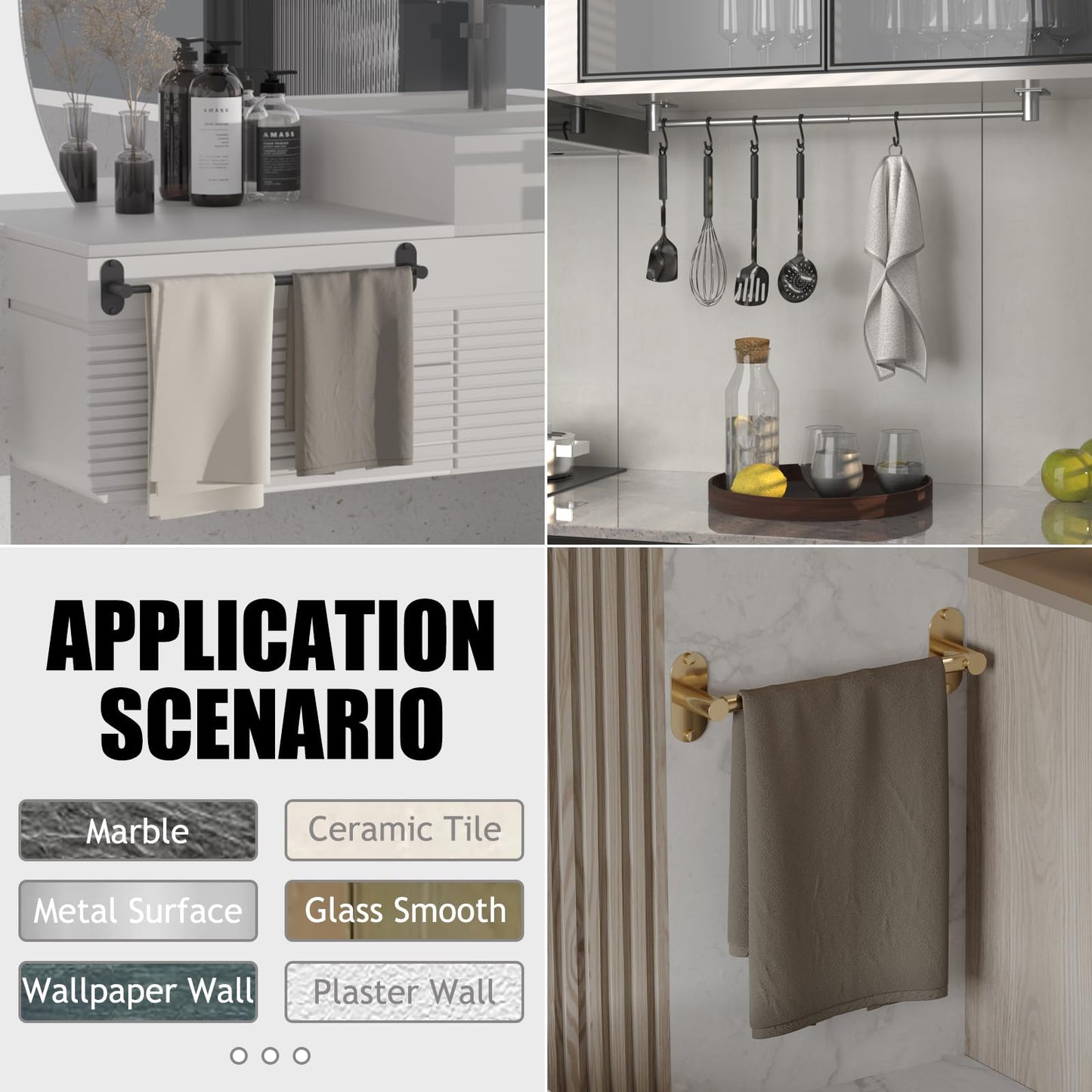 MIROAMZ Towel Bar, Adjustable 14.4inch - 25.2inch Towel Rack, Self Adhesive Wall Mounted for Bathroom Kitchen Hand Towel Holder Cloths Hanger 304 Stainless Steel Organizer Single Bar (1, Matte Black)