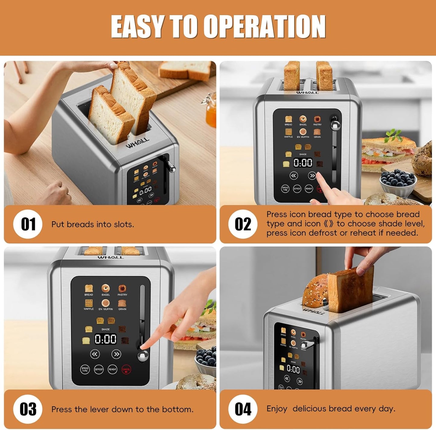 WHALL® Touch Screen Toaster - 2 Slice Stainless Steel with Digital Timer & 6 Shade Settings | Extra Wide Slots
