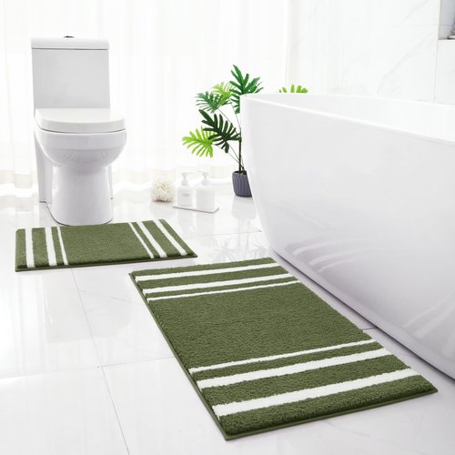 HOMEIDEAS Bathroom Rug Set 2 Piece, Striped Super Absorbent Soft Microfiber Non-Slip Washable Bath Mats for Shower and Tub (Sage Green)