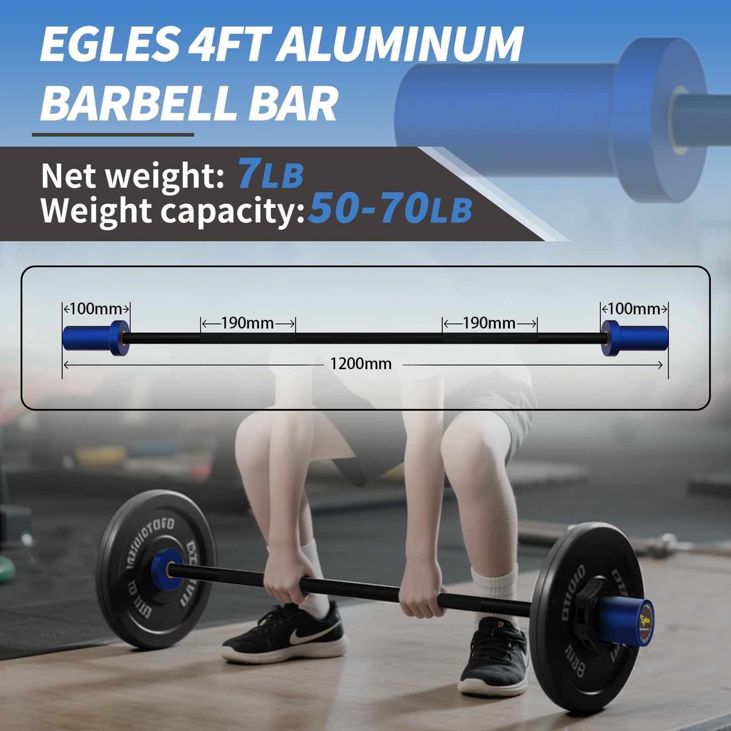 EGLES Kids Barbell 5.5LB Mini Barbell Bar 4ft for Kid Women & Beginners Weighted Bar - Compatible with 2-Inch Weight Plates, for Strength Training Gym Weight Lifting, Blue & black Training Bar