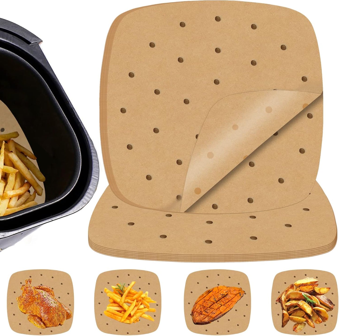 Numola 100 Pcs Air Fryer Liners - 9 Inch Perforated Parchment Paper for Non-Stick Baking & Steaming