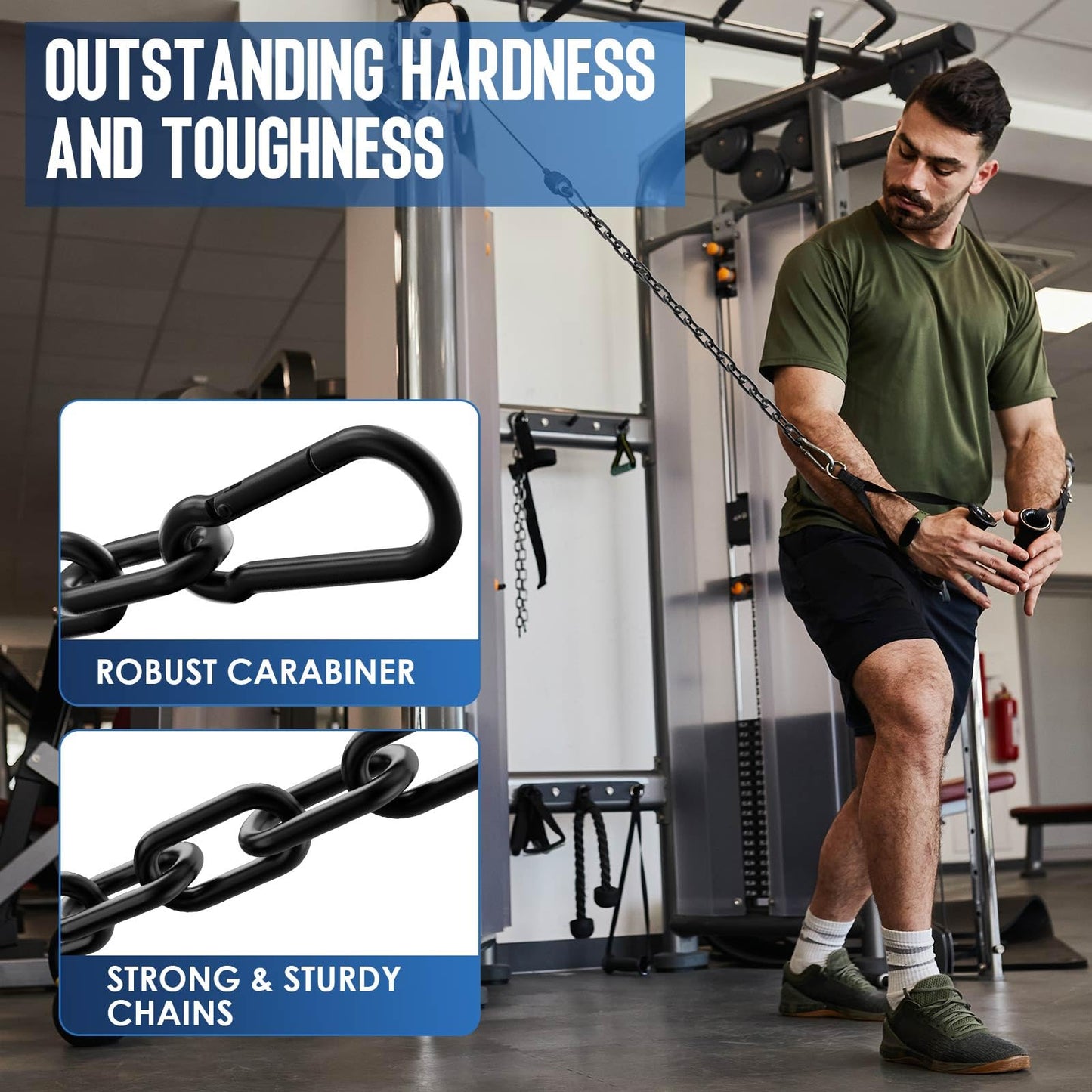Mixizigoz Fitness Chain, Weight Lifting Chain, 304 Stainless Steel Exercise Cable Machine Extension, LAT Pulldown Bar Extension Attacment for Home Gym (Black-4mm 2pcs)