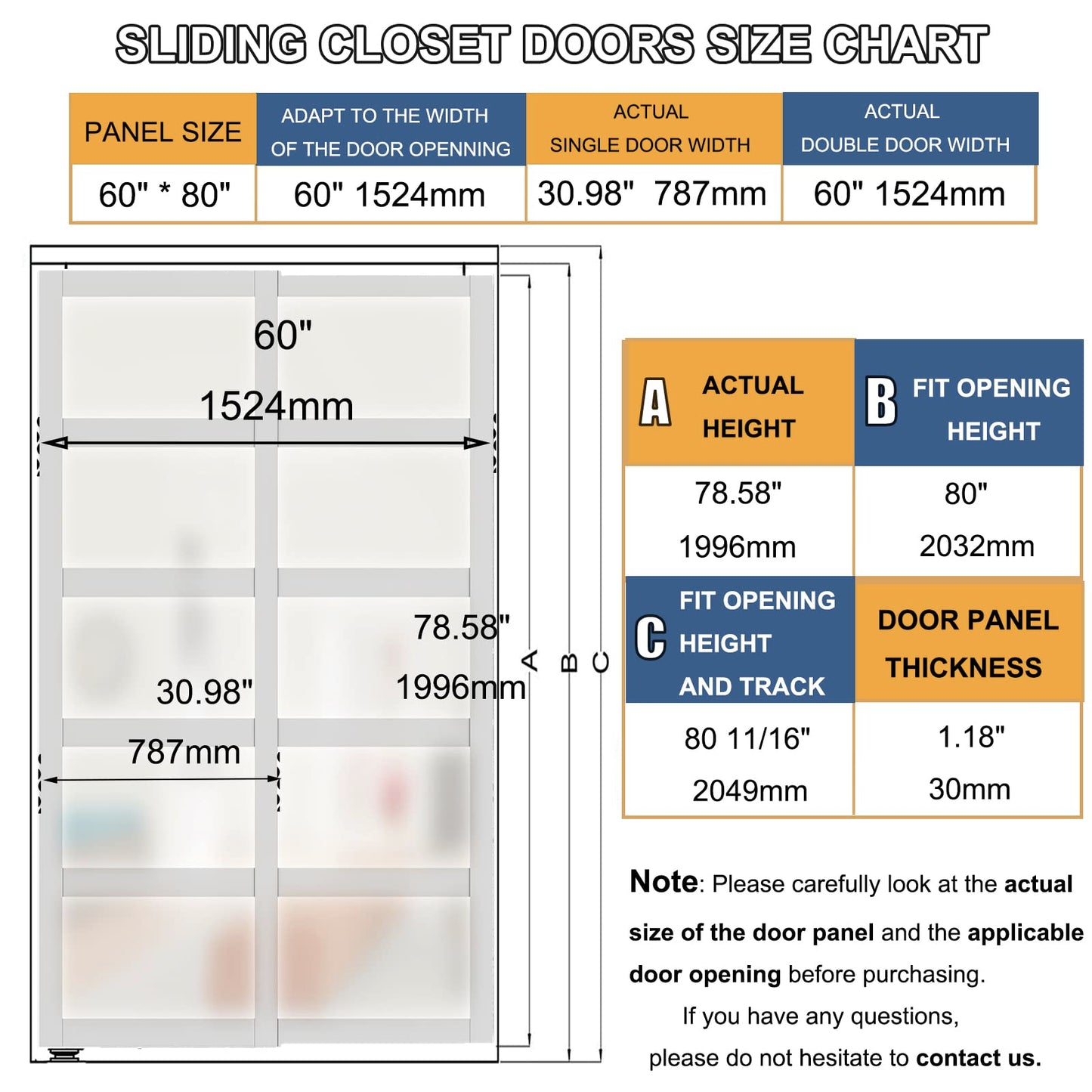 SOLRIG Sliding Closet Door, 5-Lite Frosted Glass Interior Door, 60"(Double 30") x 80" Closet Doors with Complete Hardware Track Kit & Floor Guide, Pre-Drilled Sliding Door Panel Assembly Required