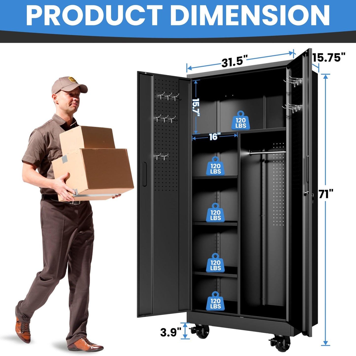 BIZOEIRON Metal Garage Storage Cabinet with Pegboard and Hanging Rod, 71'' Tall Metal Broom Closet Storage Cabinets, Rolling Tool Cabinet on Wheels for Garage, Utility Room (Black)