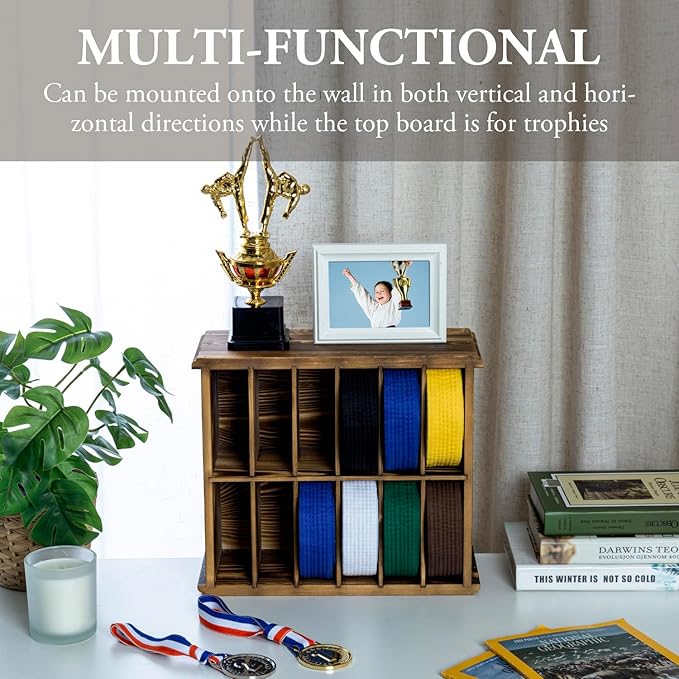 MyGift 12 Compartment Rustic Burnt Solid Wood Wall Mounted Dual Display Martial Arts Belt Holder with Top Trophy Storage Shelf in Horizontal or Vertical Mount