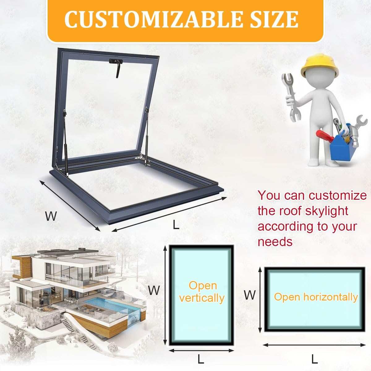 Valdoza Customizable Roof Windows Skylight, Manual Vented Skylights for House Roofs, Double-Glazed Tempered Glass and Aluminum Frame, for Attic/Sun Room
