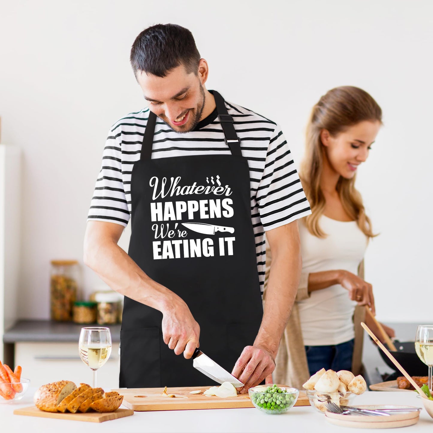 Kaidouma Funny Grill Aprons for Men - Whatever Happens We’re Eating It - Men‘s Funny Kitchen Chef Cooking Grilling BBQ Aprons with 2 Pockets - Father’s Day Birthday Christmas Gifts for Dad, Husband
